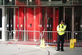 The scene at BBC Broadcasting House in London, after red paint was sprayed over the entrance. Picture date: Saturday October 14, 2023.