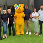 L-R: Joshua, Lynda, Dai Hill, Pudsey, Nick Knowles, Richard Driffield and Danielle Percival