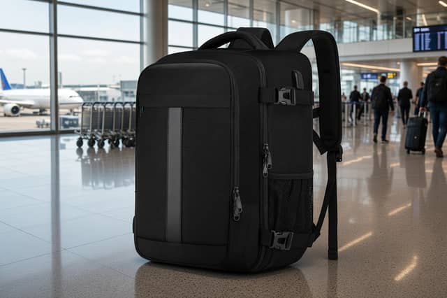 The 40x30x20cm cabin backpack has multiple compartments, laptop storage and a trolley sleeve for short-haul travel