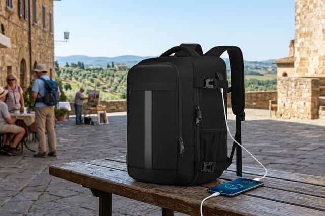 The 40x30x20cm cabin backpack has multiple compartments, and is proving popular with travellers