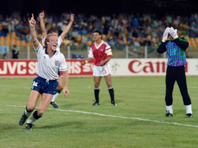 Mark Wright after he scored the decisive goal in England's 1-0 win over Egypt in the 1990 World Cup. The result secured England's place in the knock-out stages of the tournament, where they would eventually be eliminated by Germany in the semi-finals.