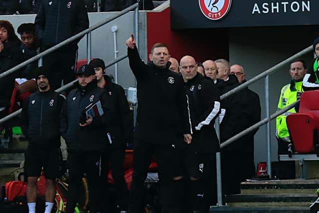 Luton boss Graeme Jones dishes out the instructions at Ashton Gate (Picture: Liam Smith)