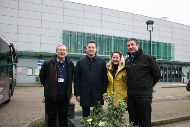 L-R: GTR's Community Engagement Officer Andrew Chillingsworth, Autism Bedfordshires Adult Services Manager Sharna Raine, Station Manager Joe Healy and Community Rail Partnership Officer Andy Buckley at Luton Airport Parkway Station