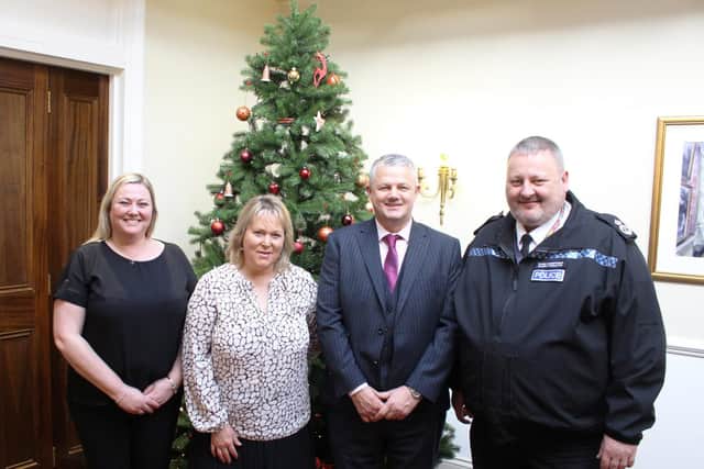 Beds Police Federation's deputy chairman Emma Carter, PCC Kathryn Holloway, Federation chairman Jim Mallen and Chief Constable Garry Forsyth