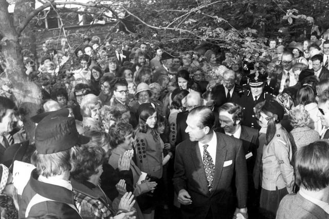 This was when the Duke of Edinburgh visited Lytham in 1974.  After a walk in Witch Wood Prince Philip left to applause from the watching crowd