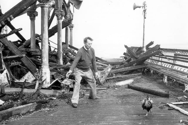 This was the scene in 1974 after a fire at St Annes pier. Not one of the birds from the pier's aviary was hurt. But Bantams like this had to be rounded up later
