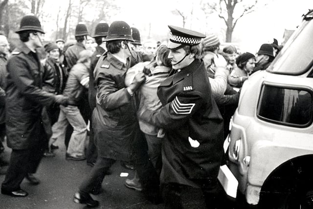 The national bread strike, 1978. A clash between police and strikers at Cookson's Bakery, Lytham, where the men were demanding an extra £10 a week