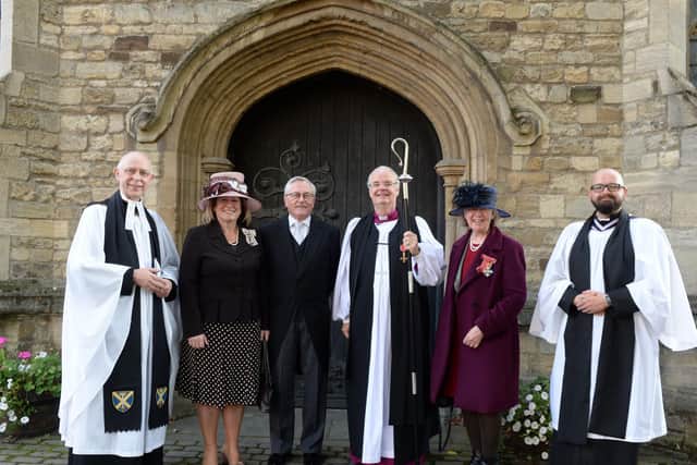 Lord Lieutenant Helen Nellis and her husband Professor Joe Nellis with members of the clergy after the thanksgiving service at St Paul's Church, Bedford on Sunday (October 10)