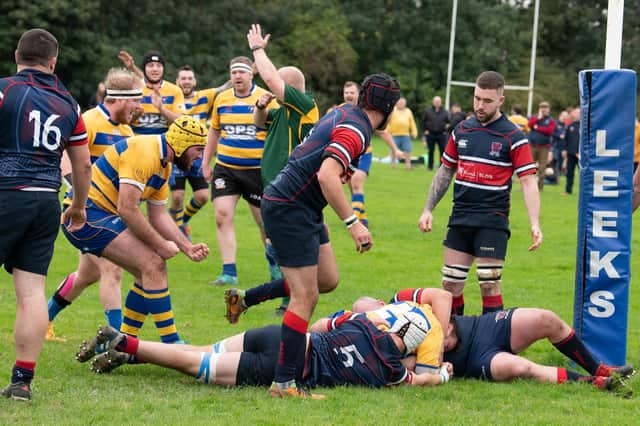 Gareth Tindall scoring a try for Bedford Swifts against Biggleswade