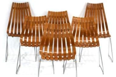Hans Brattrud for Hove Mobler, a harlequin set of six Scandia chairs in teak, including two highback and four lowbacks on tubular steel legs. Est £1,000 - £1,500