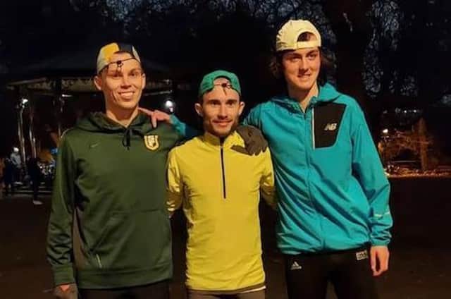 Ben Alcock, Matt Bergin, and Harry Brodie  after the Friday Night Under the Lights 5 Miles at Battersea