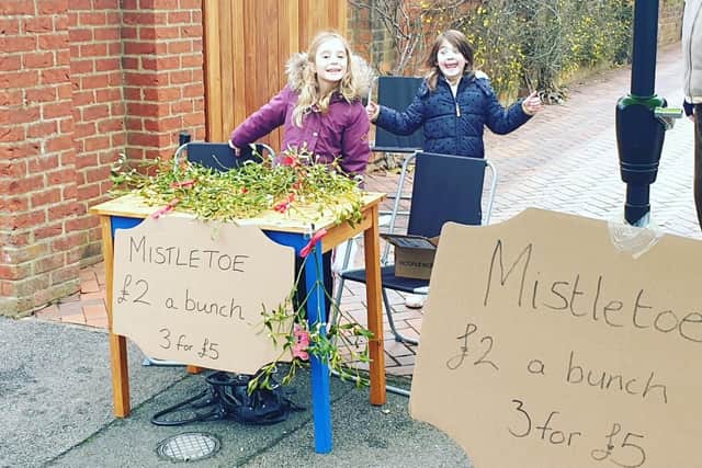 Millie and Phoebe selling mistletoe