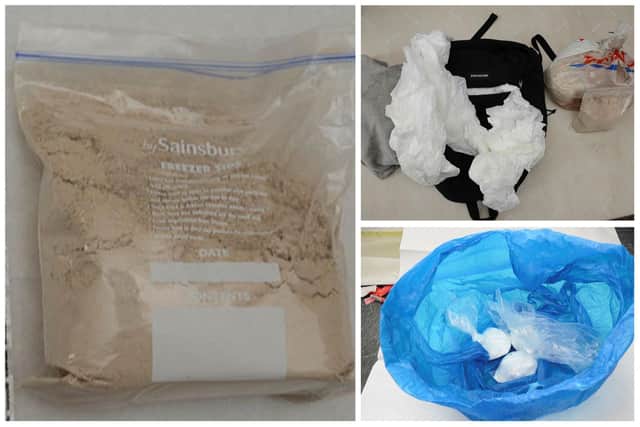 Left: 500g bag of Heroin – street value of £50k; Top Right: Balenciaga Bag Containing Tesco Bag with 6 x 500g bags of Heroin with street value of £300k; Bottom Right: Crack Cocaine valued at £10k