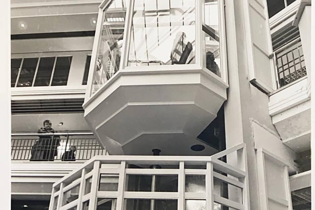 The glass lift in Swan Walk before that end of the mall was remodelled