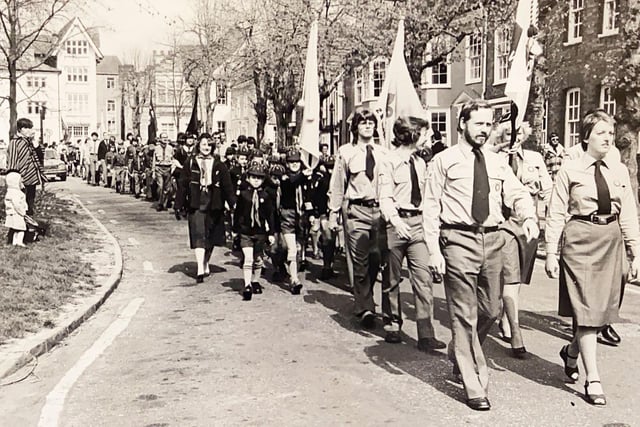 Scout groups on parade in Horsham's Causeway, April 1980