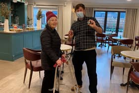 Resident Eileen Bennett, age 91 with Oliver Waddington Wellbeing and Lifestyle Coach at Elstow Manor Care Home