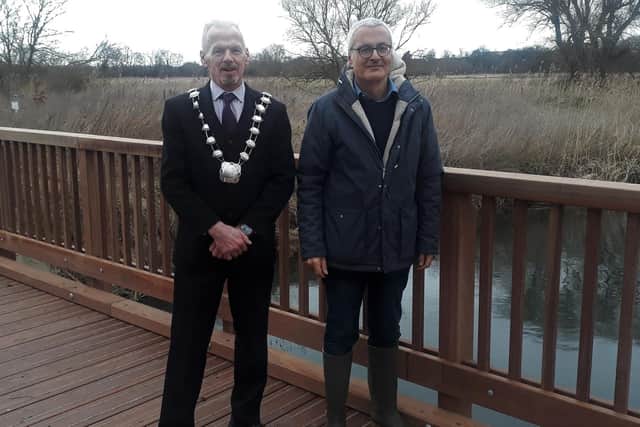 Kempston town mayor Cllr Carl Meader and Cllr James Valentine at the bridge's reopening