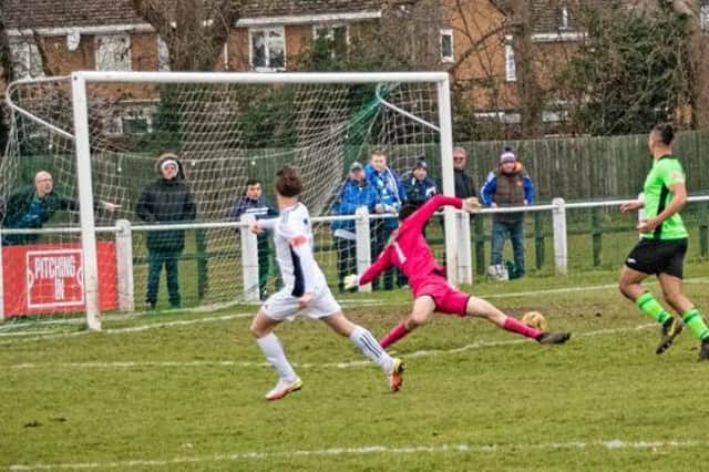 Connor Tomlinson scoring for Bedford Town in the abandoned Kidlington game earlier this month   (Picture courtesy of www.bedfordeagles.net)