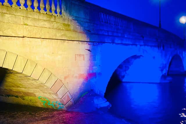 Bedford Town Bridge lit up in the colours of the Ukranian flag