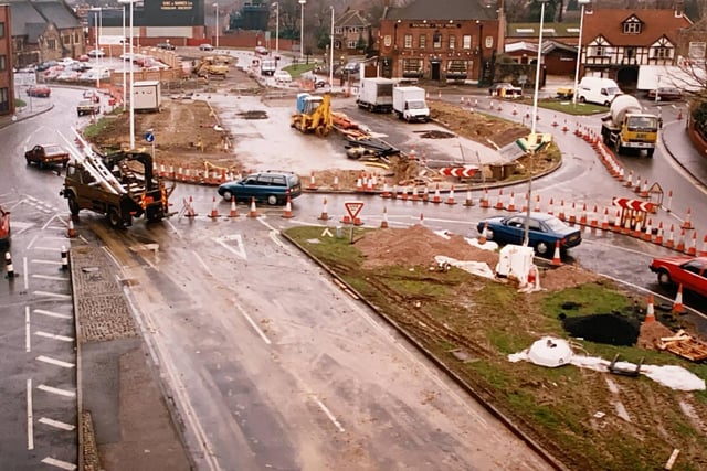 The roundabout being built at the top of Springfield Road, Horsham in the 1990s