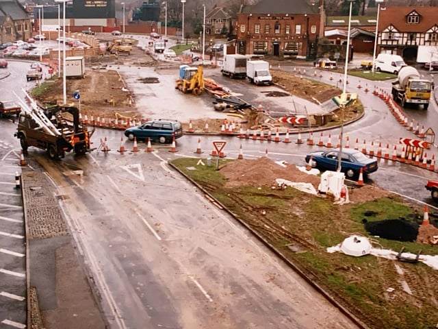 The roundabout being built at the top of Springfield Road, Horsham in the 1990s
