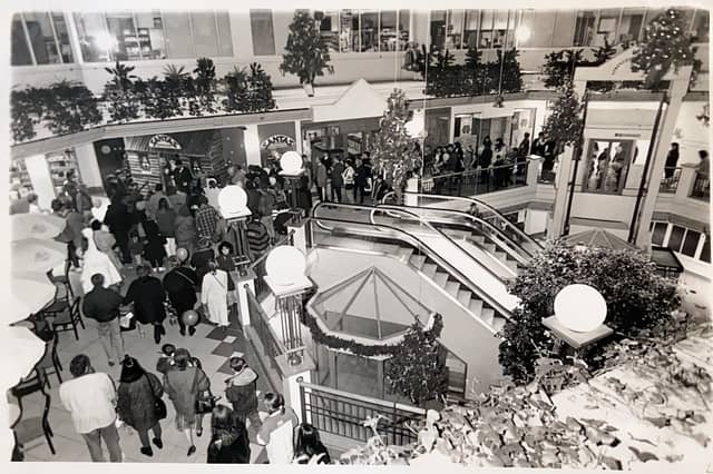 Swan Walk in Horsham decorated for Christmas in November 1994