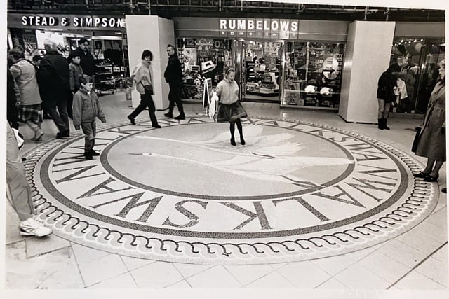 The newly unveiled swan mosaic in Swan Walk, Horsham, in 1989