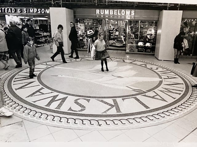 The newly unveiled swan mosaic in Swan Walk, Horsham, in 1989