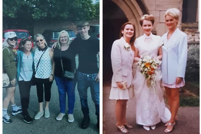 Left image: Chloe, Michelle, Patsy, Sharon and Ryan. 
Right image: The three sisters together on Sharon's wedding day.
