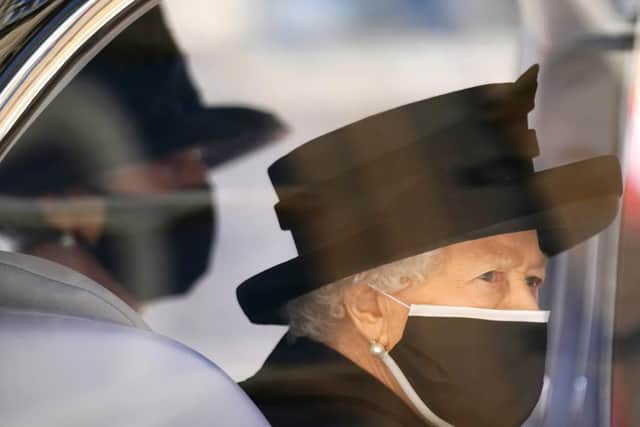 The Queen arrives for the funeral of Prince Philip at St George's Chapel at Windsor Castle on Saturday