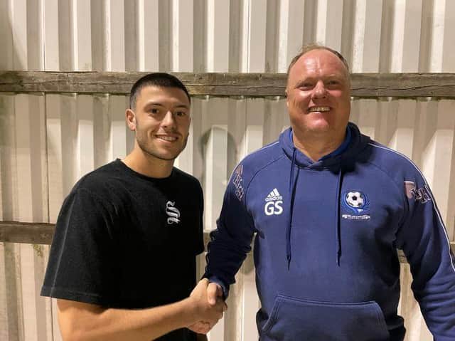 New signing Lewis Miccio with Bedford Town manager Gary Setchell