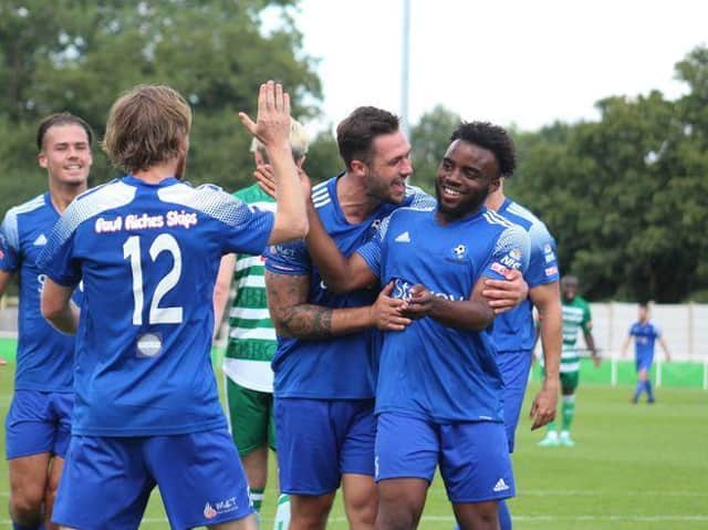 Goal celebrations for Eagles in their opening day 5-2 win at Waltham Abbey         Picture: www.bedfordeagles.net