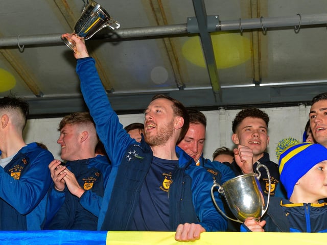 Brian Og’s captain Neil Forester pictured at the homecoming of the Derry, Ulster and All Ireland Intermediate Football Champions to Steelstown on Monday evening. Photo: George Sweeney. DER2206GS – 070
