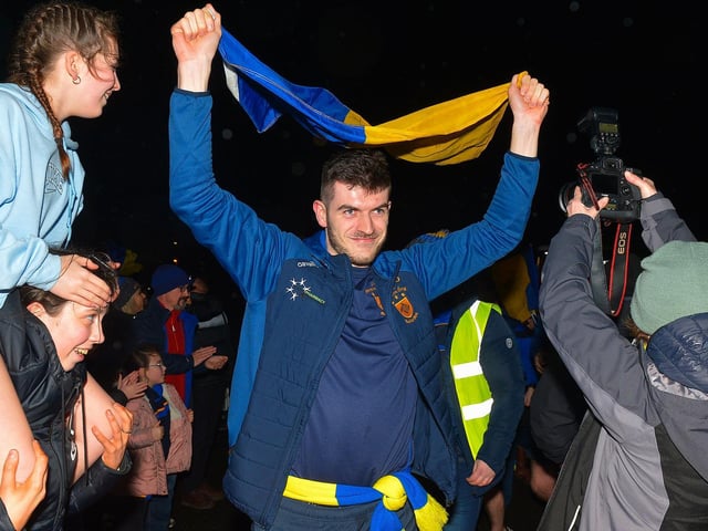 Emmett Deane pictured at the homecoming of the Derry, Ulster and All Ireland Intermediate Football Champions to Steelstown on Monday evening.  Photo: George Sweeney.  DER2206GS – 068