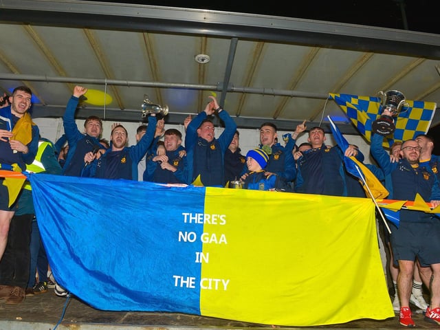 Brian Og’s , the Derry, Ulster and All Ireland Intermediate Football Champions, pictured at their homecoming to Steelstown on Monday evening.  Photo: George Sweeney.  DER2206GS – 072