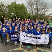 Staff and pupils at Gravenhurst Academy celebrating being rated Outstanding by Ofsted inspectors