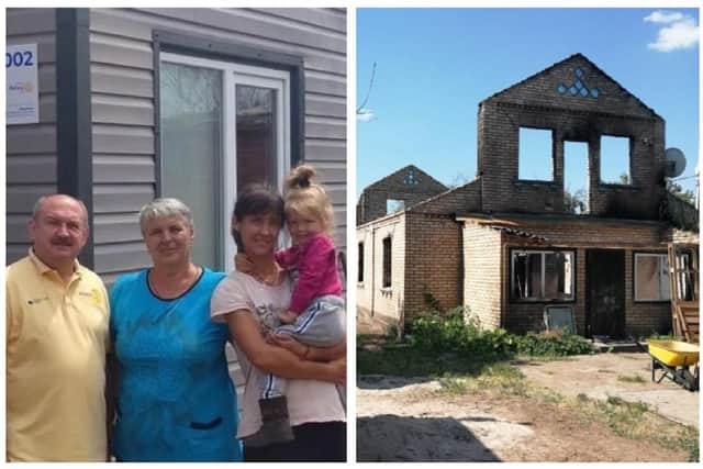 A family from Moshchun, and right, a devastated house in the village. Images: Leighton-Linslade Rotary Club.