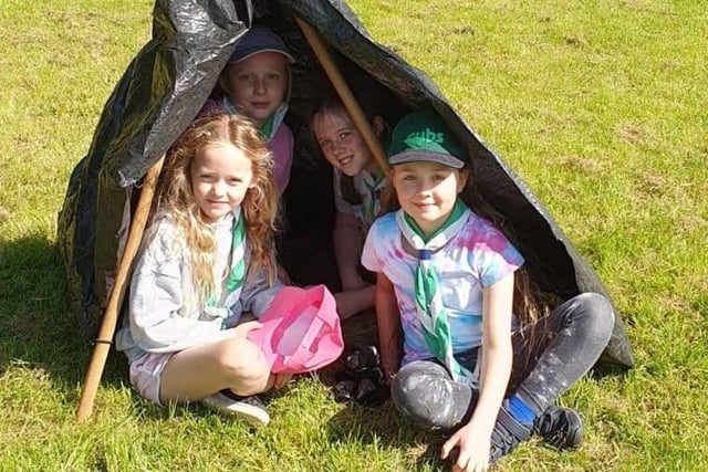Cubs sit in a shelter they have constructed