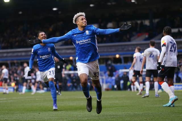 Lyle Taylor celebrates his goal for Birmingham in their 3-0 win over Luton Town in February