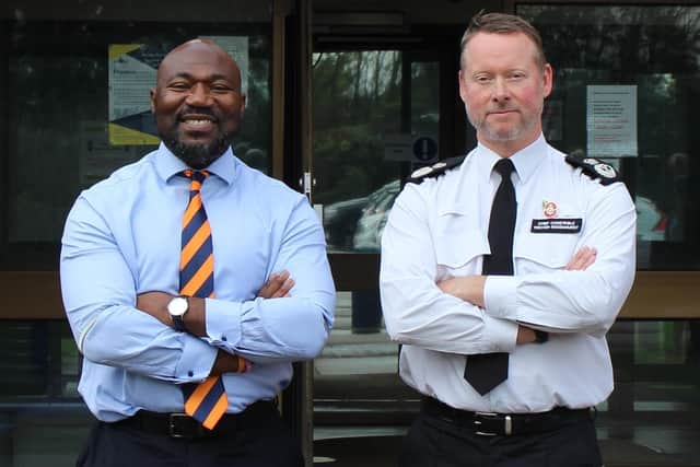 Bedfordshire Police and Crime Commissioner Festus Akinbusoye with Chief Constable Trevor Rodenhurst