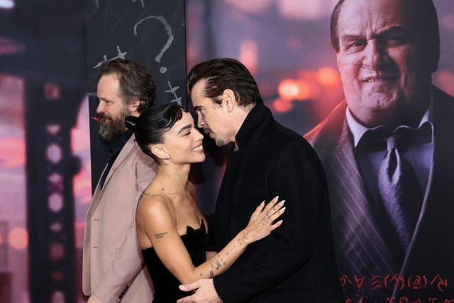 Stars of the film Zoë Kravitz and Colin Farrell embrace at The Batman World Premiere. (Photo by Dimitrios Kambouris/Getty Images)