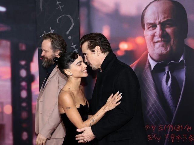 Stars of the film Zoë Kravitz and Colin Farrell embrace at The Batman World Premiere. (Photo by Dimitrios Kambouris/Getty Images)