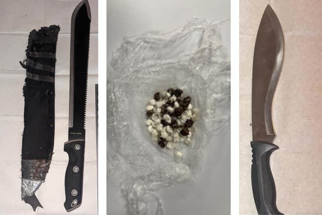 £1,000 worth of Class A drugs, a number of phones and two blades including a 10inch zombie knife were found in a drug factory in the Biddenham area of town