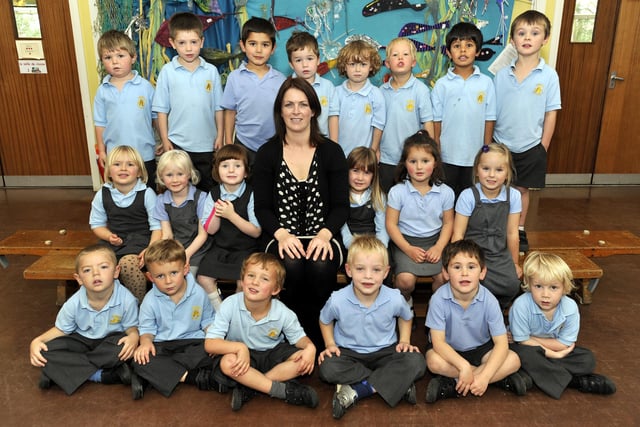 Sally Douglas with her new reception class pupils at Hipsburn First School.