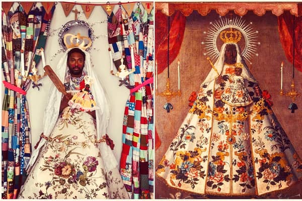 The Virgin of Guadalupe re-creation by Peter Brathwaite (with photographic partner Sam Baldock) and the original artwork, right. Anon, The Virgin of Guadalupe. Oil painting, 1745