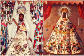 The Virgin of Guadalupe re-creation by Peter Brathwaite (with photographic partner Sam Baldock) and the original artwork, right. Anon, The Virgin of Guadalupe. Oil painting, 1745