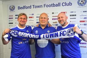 New Bedford boss Lee Bircham (right) with assistant manager Tony Joyce (left) and Bedford Town owner and director Jon Taylor.
