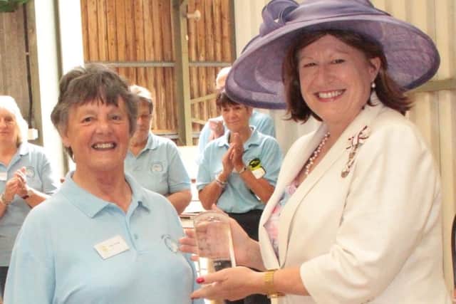 Helen Dunster received the Queen’s Award for Voluntary Service on behalf of BDHRA from Helen Nellis  Lord Lieutenant of Bedfordshire