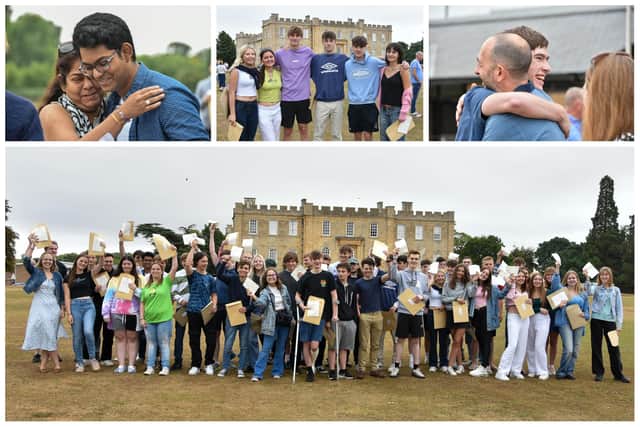Top row, L to R: Kimbolton School's Ishan Sarker and his mother, Koli, overjoyed at his results;  Holly Orchard, Grace Sanderson, Will Powell, Harrison Kemp, Will Paul and Sophie Faulkner; Luke Hookham being congratulated by his father, David
Bottom row: Kimbolton students celebrating in front of the castle