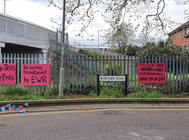 East West Rail protest signs in Bedford